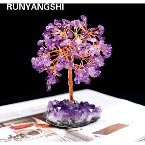 Runyangshi 1pcs Crystal Tree Amethyst Quartz crystal Cluster Base Bonsai Lucky Money Tree Sculpture Home office Decoratio