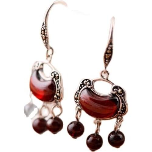KJJEAXCMY fine jewelry S925 Pure silver jewelry pomegranate stone lock style national style court tassel earrings