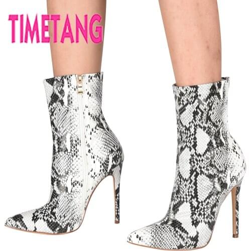 TIMETANG Sexy New Pointed Toe Snake Skin Women Ankle Boots T-Stage/Street Thin High Heel Woman Short Boots Fashion Ladies Shoes