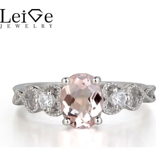 Leige Jewelry Morganite Engagement Ring 925 Sterling Silver Fine Jewelry Pink Gemstone Wedding Rings for Women Oval Cut