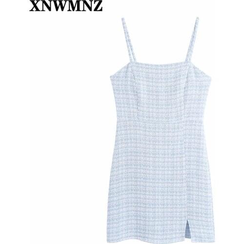 XNWMNZ Women New Fashion Front Slit Hem Tweed Mini Dress Vintage textured Backless Zipper Thin Straps Female Dresses Vestidos