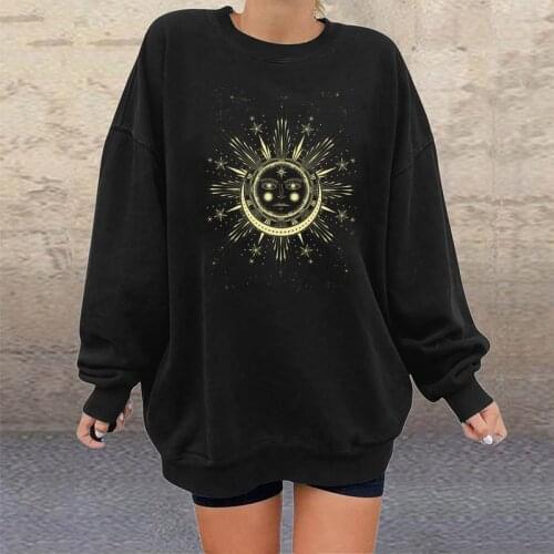 Vintage Women Sweatshirts Gold Sun and Moon Print Drop-shoulder Woman Round Neck Pullovers Sweatshirts Streetwear Sudaderas