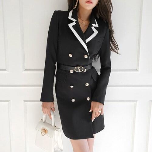 Office Ladies Double Breasted Pocket Black Blazer and Jacket Work Suit Long Sleeve Notched Female Blazer Coat With Belt
