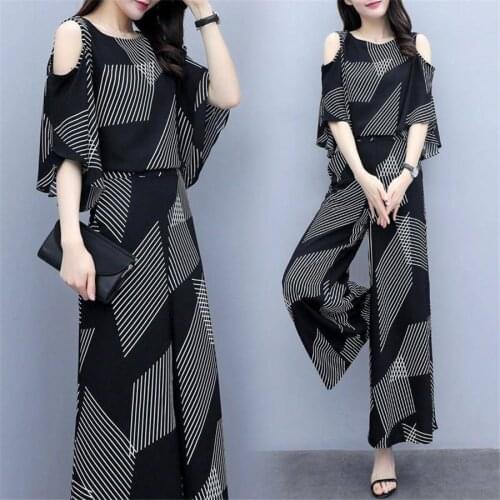 New Spring summer 2 Pieces Women Set off shoulder top And Elastic Waist Wide Leg Pants Female Suits Lady Work Wear