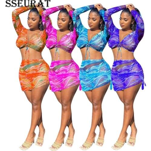 SSEURAT Tie Dye Mesh Women Set Beach Crop Tops and Ruched Midi Skirts Matching Two Piece Set Sexy Party Outfits