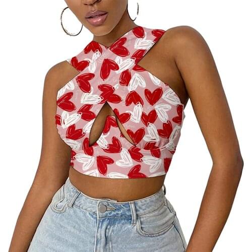 Women Cross Over Front Halter Neck Vest Printed PatternSleeveless Crop Tops Retro Close-fitting Tops Club Streetwear