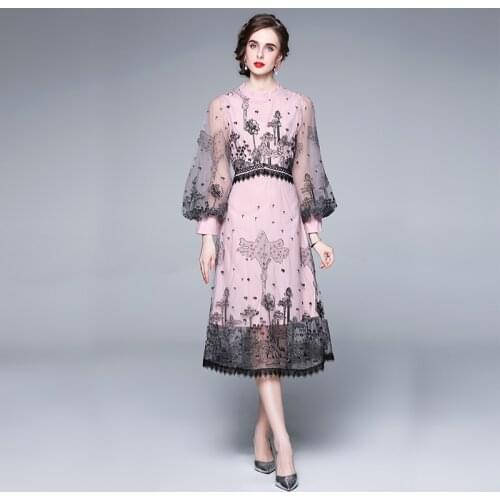 Vintage Embroidery Mesh Lace Sexy Dress Lantern Sleeve Stand Collar Summer Dresses Women Loose Knee-Length Chiffon French Dress