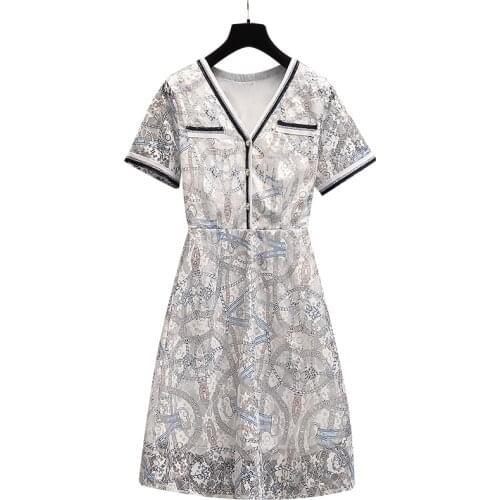 New Summer Women V-Neck Short Sleeve Mini Dress Plus Size Women Clothing High Quality Vintage Print Lace Dress