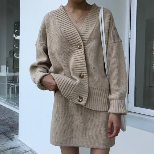 2019 Top Fashion Cotton Full Button Womens New Knit Suit Fashion Loose V-neck Sweater Cardigan + Skirt 2 Piece Female Two Set