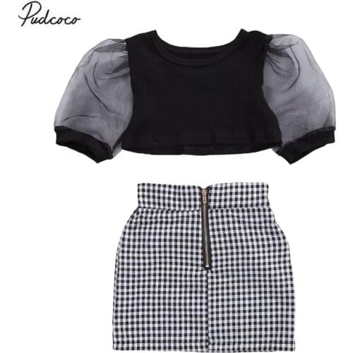 2020 Fashion 1-6Y Girls Lace Puff Short Sleeve Black Crop Tops+Plaid Zipper A-line Skirt Toddler Baby Girl Clothes Summer 2pcs