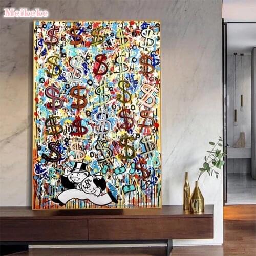 Abstract Dollar Monopoly Man Funny Posters And Prints Graffiti Raining Money Wall Art Canvas Painting For Living Room Decoration