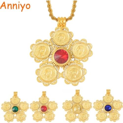Anniyo Ethiopia Coins Jewelry Arab Pendant Necklaces Women Ethiopian Wedding Eritrea African Gold Color Coin Jewellery #014116