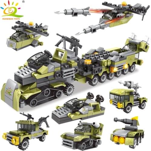 HUIQIBAO Military 296PCS 6IN1 WW2 Soldier Truck Building Block Army Weapon Tank Car Helicopter Figures Bricks Set Children Toys