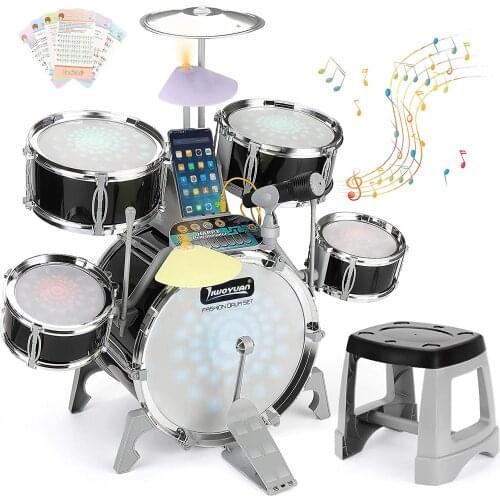 Jazz Drum Set for Kids with Light Sound Microphone Musical Playset Educational Instrument Kit Gift Toy Toddler Boys Girls