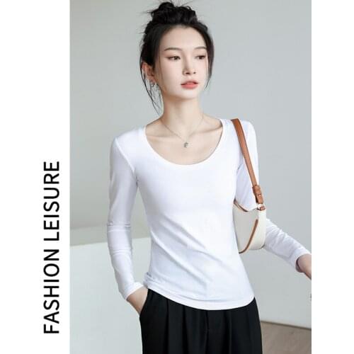 Women Cotton T-shirt O-neck Long Sleeve women shirt All match Lady Top Black White Gray Yellow Shir