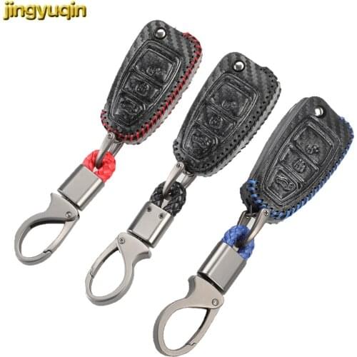 Jingyuqin Leather Carbon Remote Car Key Case Cover For Ford Focus 3 MK3 Focus 4 MK4 Fiesta Kuga Escape Ecosport Fob Case 3Button