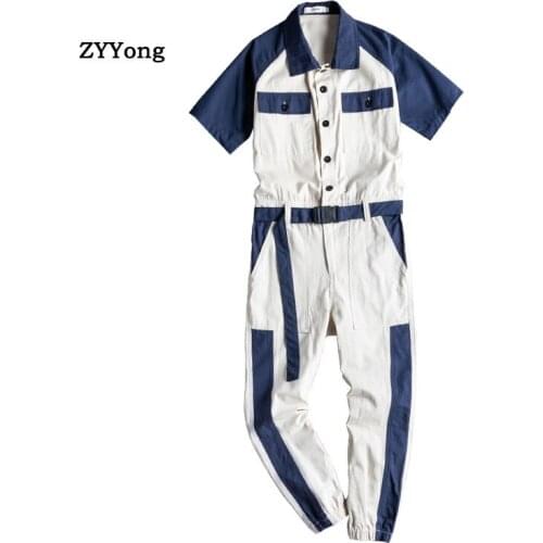Summer Mens Short-Sleeved Jumpsuit Lapel Striped Streetwear Hip-Hop Casual Beam Feet Slim Overalls Joggers Cargo Pants Trousers