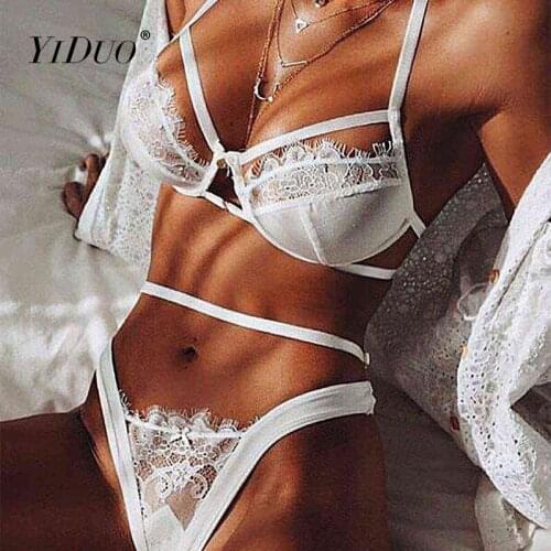 YiDuo Sexy Lace Lingerie Set Women See Through Halter Underwear Bra And Panties Babydoll White Brief Sets Femme Lengerie Black