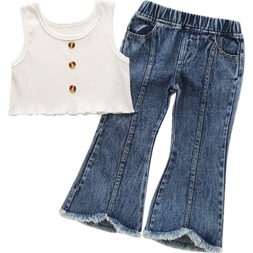 1-6Years Toddler Baby Girl Summer Outfits Solid Button Tank Top Frayed Hem Pocket Flared Jeans