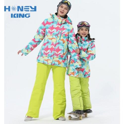 Mother Girls Ski Suits Warm Waterproof Windproof Children Skiing Snowboarding Jackets+ Pant Winter Adult Kids Ski Clothing Suit