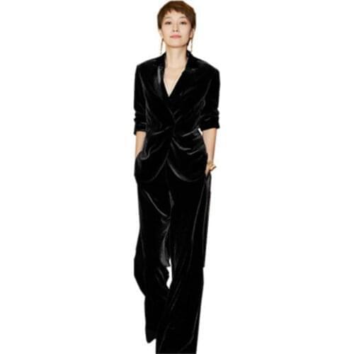 Fashion velvet suit womens spring New England style temperament black gold velvet suit jacket + pants two-piece suit women