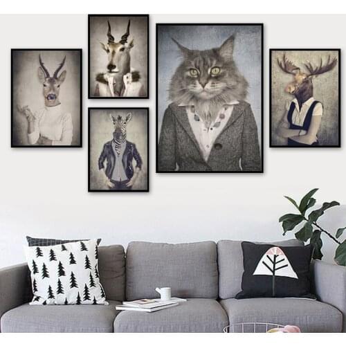 Wall Paintings Retro Vintage Animal Pictures Room Home Decor Cat Deer Posters and Prints for Living Room Frameless Prints