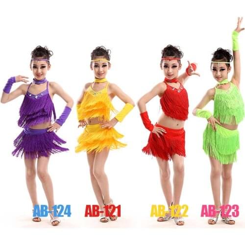 New kids salsa dresses sequin latin dance dress for girls fringe dancing dancewear stage samba junior ballroom standart costumes