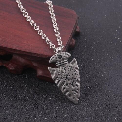 Viking Aegishjalmr Helm of Awe Norse Talisman Pendant Necklace Compass Nordic Runes Spear Shape Necklaces for Men Jewelry