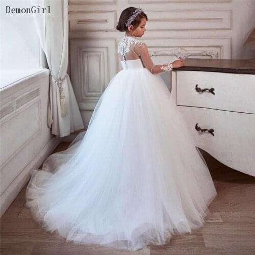 Stunning White/Ivory Flower Girl Dresses Tulle Lace Kids Pageant Gown Floor Length Little Princess First Communion Dresses