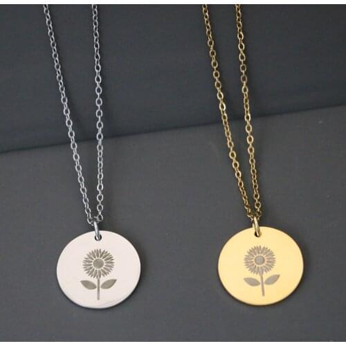 Simple Stainless Steel Glossy Sunflower Pattern Carved Pendant Necklace Trendy Flower Round Tag Choker Link Chain Jewelry
