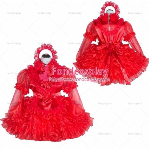 French Sissy Maid Lockable Red Organza satin Dress Uniform Cosplay Costume Tailor-made[G4016]