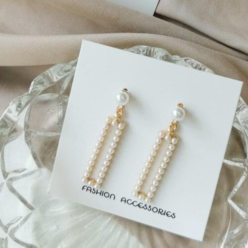 S925 Silver Needle Fashion rectangular geometric earrings sweet temperament pearl earrings female long section of the ear clip