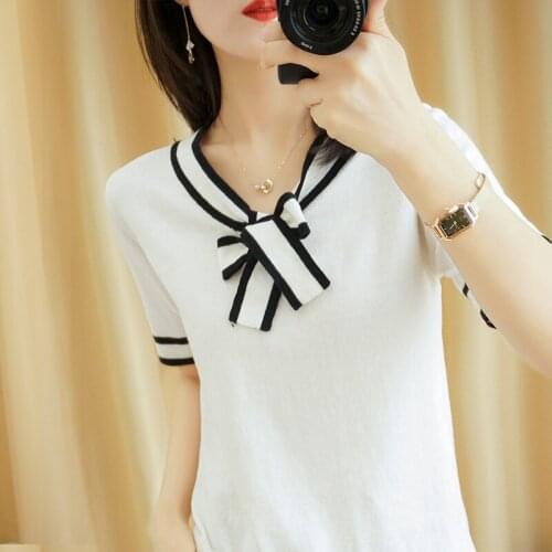 Pure cotton T-shirt womens 2021 spring and summer new bow tie collar ladies top casual knit short-sleeved pullover tees hot