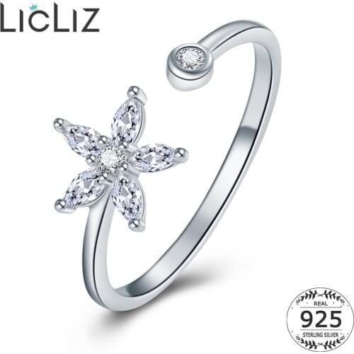 LicLiz 925 Sterling Silver Zircon Diamond Flower Cuff Rings for Women Open Adjustable Ring Jewelry Birthday Gifts LR0748