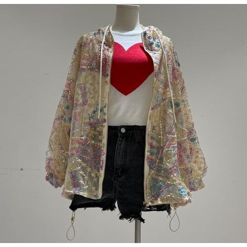 H80&S90 New Summer Women Loose Casual Sdequin Embroidery Hooded Coat Lace Straight Loong Sleeve Beaded Cardigan Jacket Outerwear