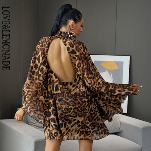 LOVE&LEMONADE Sexy High Collar Big Open Back Big Cape Shape Leopard Chiffon Long Sleeve Dress LM82832