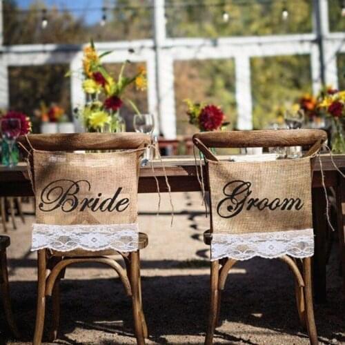 Chair Sign Khaki "Groom Bride" Burlap Lace Banner Garland Rustic Wedding Decor Jute Hessian Photography Props DIY Materials