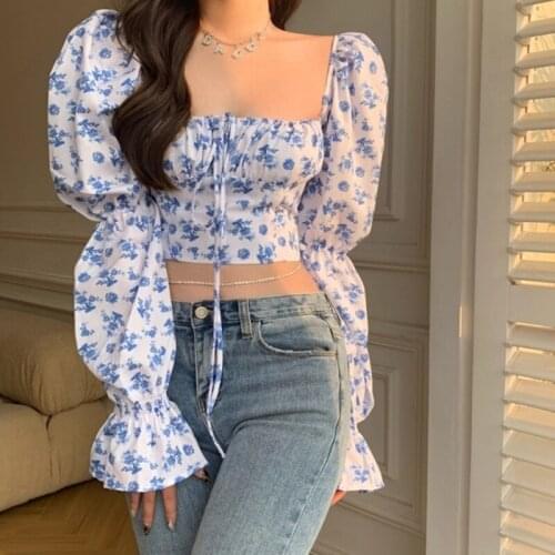 Summer Elegant Retro Long-Sleeved Blouse Shirts Women Square Collar Puff Sleeve Floral Print Tops Female French Blouse 2021 New