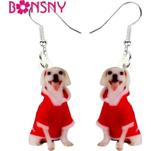 Bonsny Acrylic Christmas Happy Puppy Dog Earrings Drop Dangle Novelty Animal Jewelry For Women Girls Teens Gift Charms Wholesale