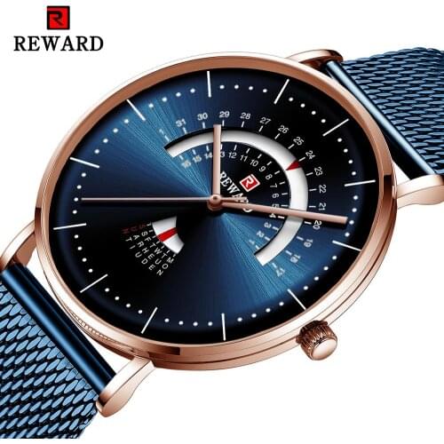 REWARD Watch Men Stainless Steel Bracelet Blue Rose Gold Fashion Elegant Quartz Watches Orient Men Analog for Business