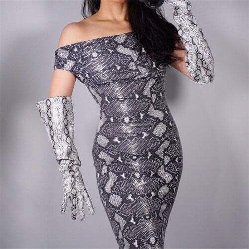 50cm Patent Leather Long Gloves Big Cuff Lantern Sleeve Emulation Leather Animal Pattern Silver Snake Pattern Female PU78-50W