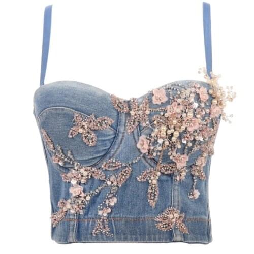 Flower beading Denim Jeans Scratched Womens Button Diamonds Ripped Push Up Bustier Night Club Party Crop Top New Corset Camise