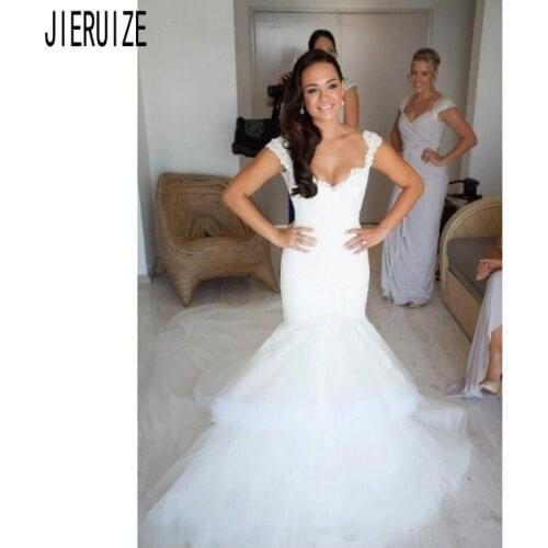 JIERUIZE Elegant Mermaid Tiered Tulle Wedding Dresses Cap Sleeves Sweetheart Backless Lace Applique Wedding Gown robe de mariée