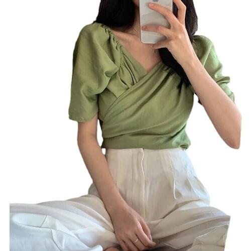 Puff Sleeve V Neck Crop Top Tshirt Women Shirt Spring Autumn Chic Work Out T Shirt blusas mujer de moda 2020 verano