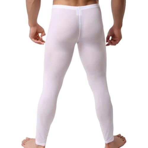Men Sexy Long Johns Ice Silk Translucent U Convex Penis Pouch Leggings Gay Tight Underwear Men Home Sheer Lounge Pants Sleepwear