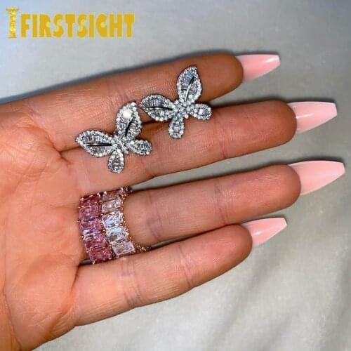 New Iced Out Bling Baguette CZ Butterfly Stud Earring For Women Jewelry Cubic Zirconia Bohemian Dubai Bridal cz Stud Earring