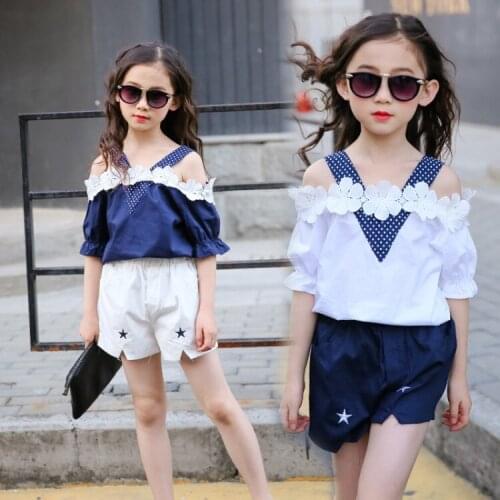 Girls Summer Clothing Sets Children Off-Shoulder Lace V-neck Camisole T-shirt Short Sleeve + Shorts 2pcs Clothes Sets