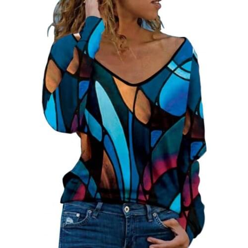 New Stylish Autumn Colorful Pullover Soft Thin Tops Printing V Neck Plus Size Long Sleeve Lady Blouse for Autumn Streetwear