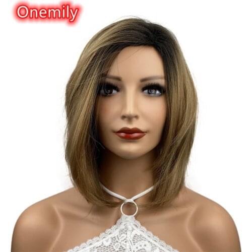 Onemily Medium Length Straight Heat Resistant Synthetic Hair Wigs for Women Girls Party Ombre Golden Blonde with Dark Roots