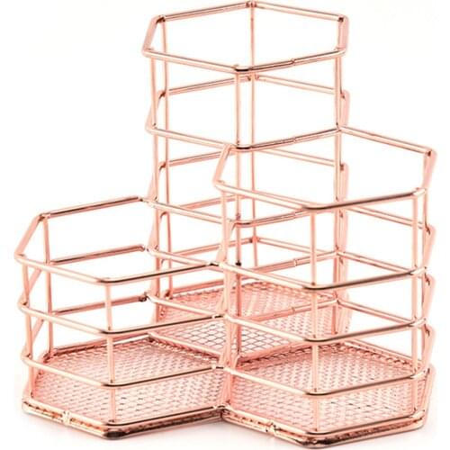 1Pc Rose Gold Iron Hollow Desk Pencil Holder Rack Makeup Brushes Storage Shelf Multi-function Storage Box
